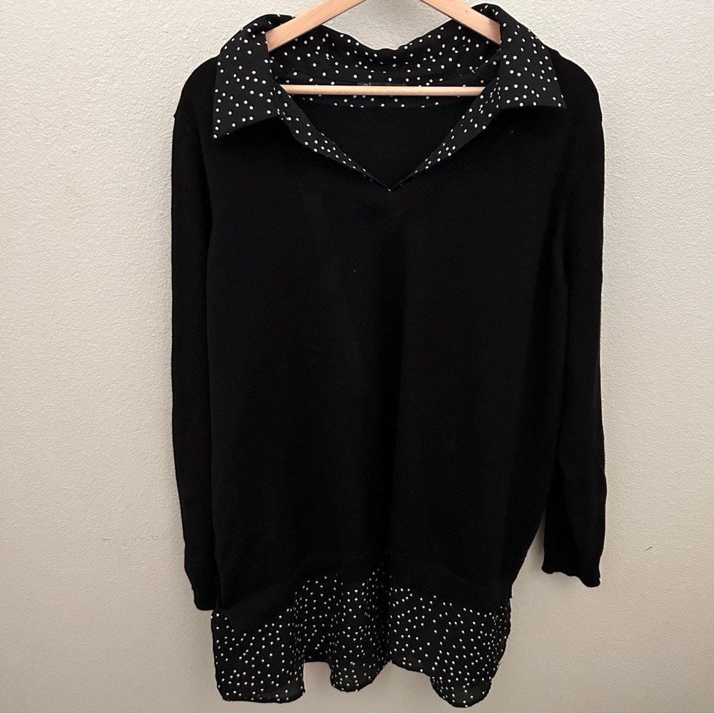 Adrianna Papell Layered Sweater‎ Women 2X Black Polka Dot 2-in-1 V-Neck Top